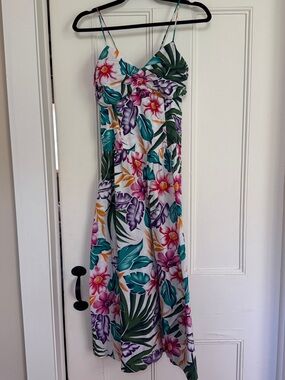 Vintage 80s Susan Bennett Tropical Floral Cotton Midi Dress Size 12 Made Korea